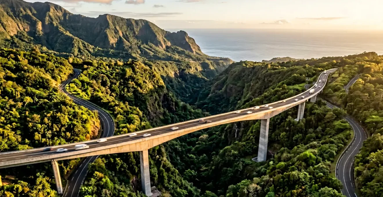 Vue aérienne spectaculaire du viaduc de la Grande Ravine sur la Route des Tamarins à La Réunion
