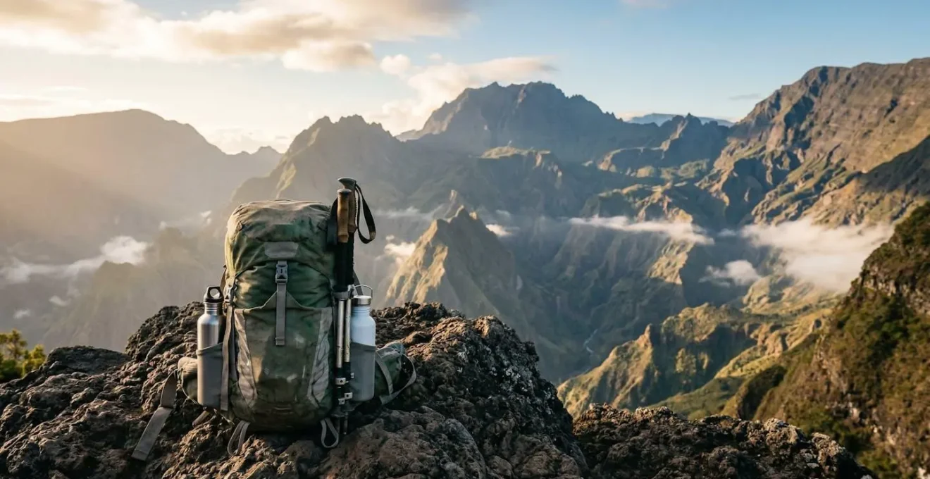 Sac à dos de randonneur posé au premier plan avec vue panoramique sur le cirque de Mafate à La Réunion