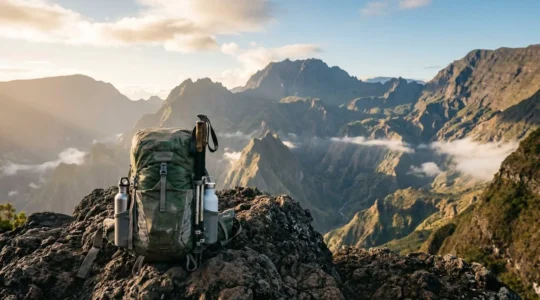 Sac à dos de randonneur posé au premier plan avec vue panoramique sur le cirque de Mafate à La Réunion
