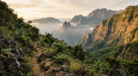 Paysage montagneux du cirque de Cilaos à La Réunion avec sentiers de randonnée escarpés