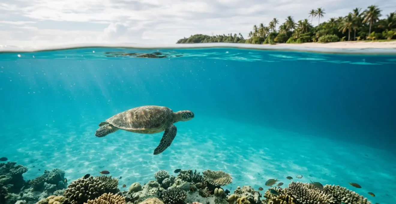 Vue sous-marine d'une tortue marine nageant paisiblement dans des eaux cristallines d'un lagon tropical avec des coraux colorés