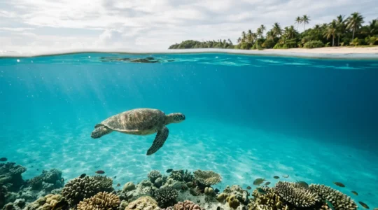 Vue sous-marine d'une tortue marine nageant paisiblement dans des eaux cristallines d'un lagon tropical avec des coraux colorés