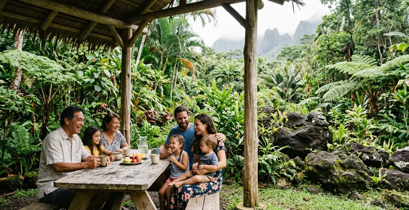 Famille multigénérationnelle profitant d'un pique-nique sous un kiosque dans une forêt tropicale de La Réunion