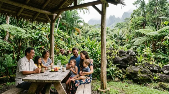 Famille multigénérationnelle profitant d'un pique-nique sous un kiosque dans une forêt tropicale de La Réunion