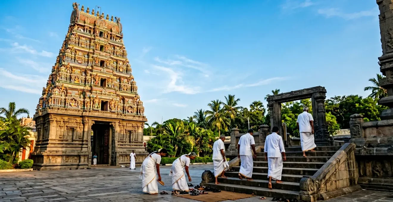 Vue majestueuse d'un gopuram aux couleurs vives avec des fidèles en tenue traditionnelle à l'entrée d'un temple tamoul