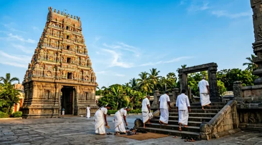 Vue majestueuse d'un gopuram aux couleurs vives avec des fidèles en tenue traditionnelle à l'entrée d'un temple tamoul