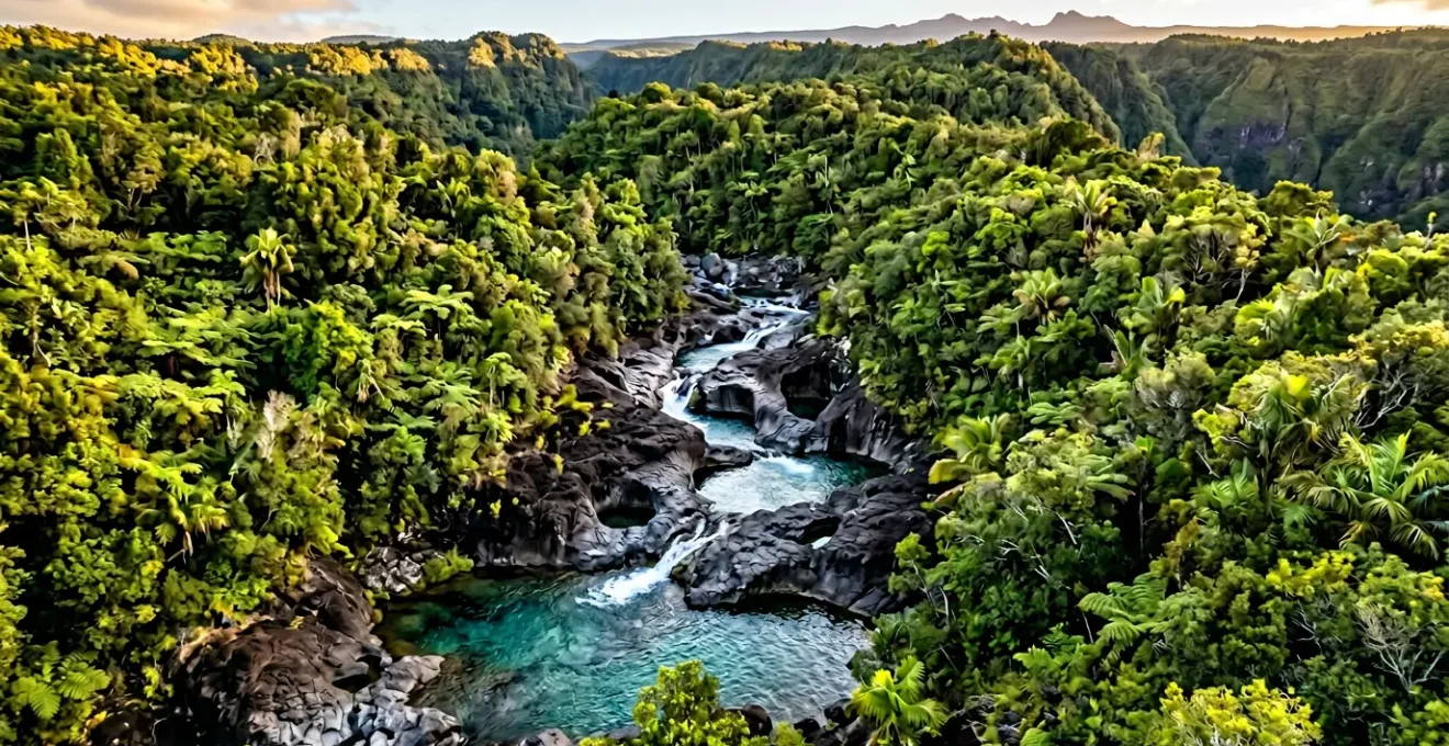 Vue aérienne d'un toboggan naturel en roche volcanique avec eau turquoise cristalline à La Réunion