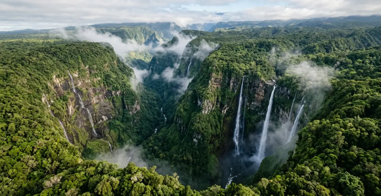 Vue aérienne spectaculaire du Trou de Fer à La Réunion avec ses cascades de 700 mètres plongeant dans le gouffre entouré de végétation tropicale