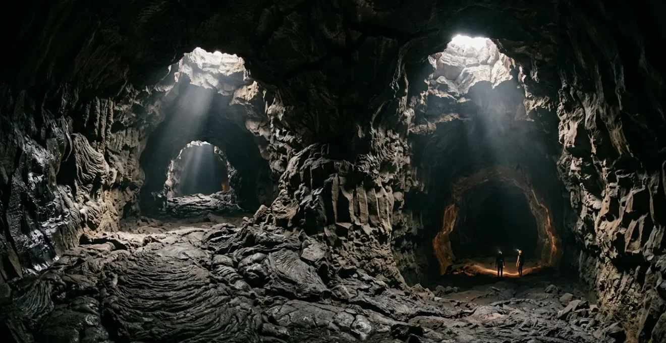 Exploration souterraine dans un tunnel de lave avec formations rocheuses volcaniques illuminées à la Réunion