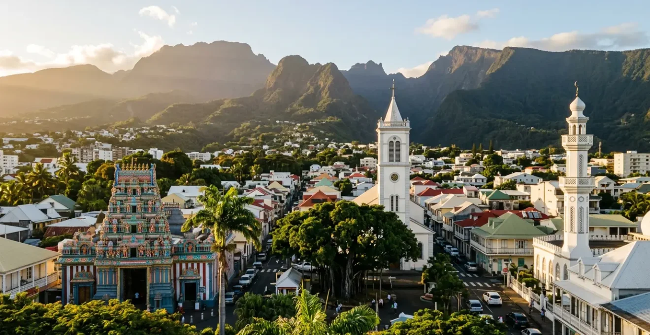Vue aérienne de La Réunion mêlant temple hindou coloré, mosquée et église dans un même quartier, symbole du vivre-ensemble