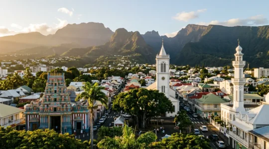 Vue aérienne de La Réunion mêlant temple hindou coloré, mosquée et église dans un même quartier, symbole du vivre-ensemble