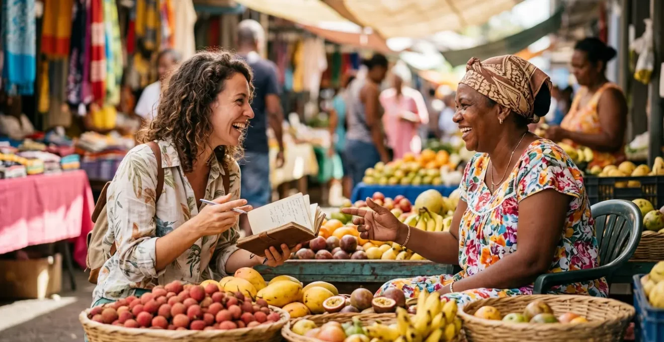 Un voyageur souriant échange avec une vendeuse de fruits au marché de Saint-Paul, La Réunion, pratiquant ses premiers mots en créole