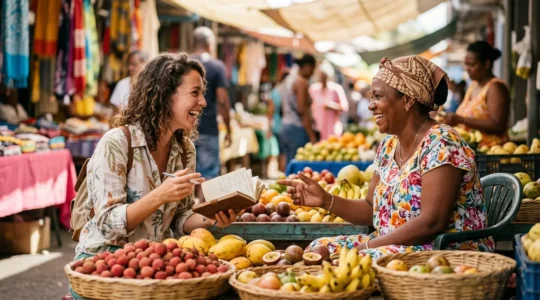 Un voyageur souriant échange avec une vendeuse de fruits au marché de Saint-Paul, La Réunion, pratiquant ses premiers mots en créole