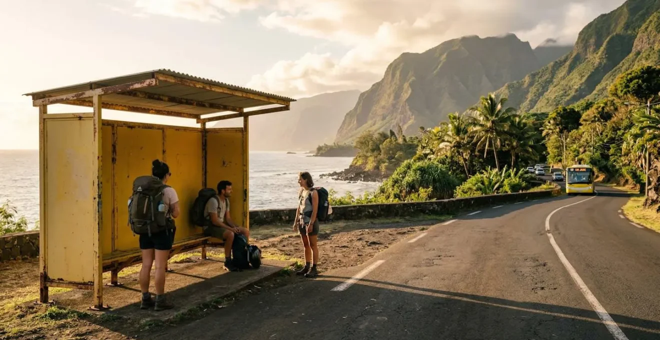 Voyageurs avec leurs sacs à dos attendant à un arrêt de bus coloré avec vue sur le littoral tropical de La Réunion