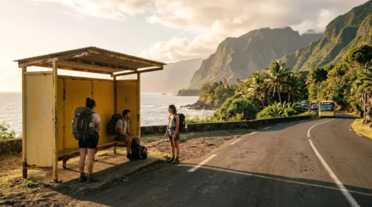 Voyageurs avec leurs sacs à dos attendant à un arrêt de bus coloré avec vue sur le littoral tropical de La Réunion