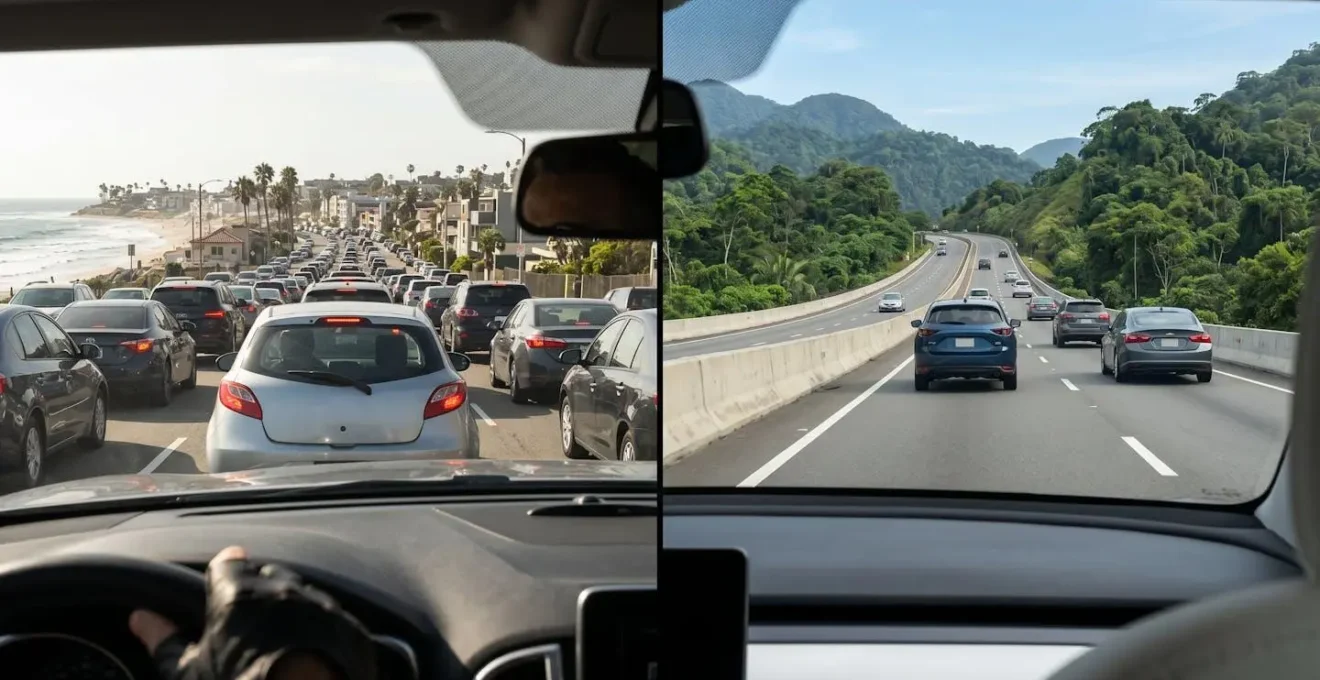 Carte comparative montrant les deux itinéraires possibles entre Saint-Paul et L'Étang-Salé