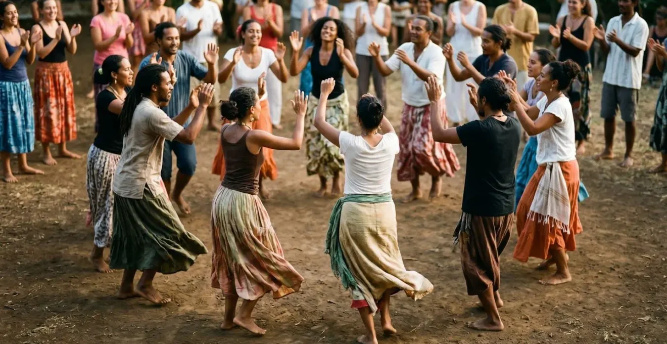 Vue plongeante sur un cercle de danseurs de maloya en mouvement