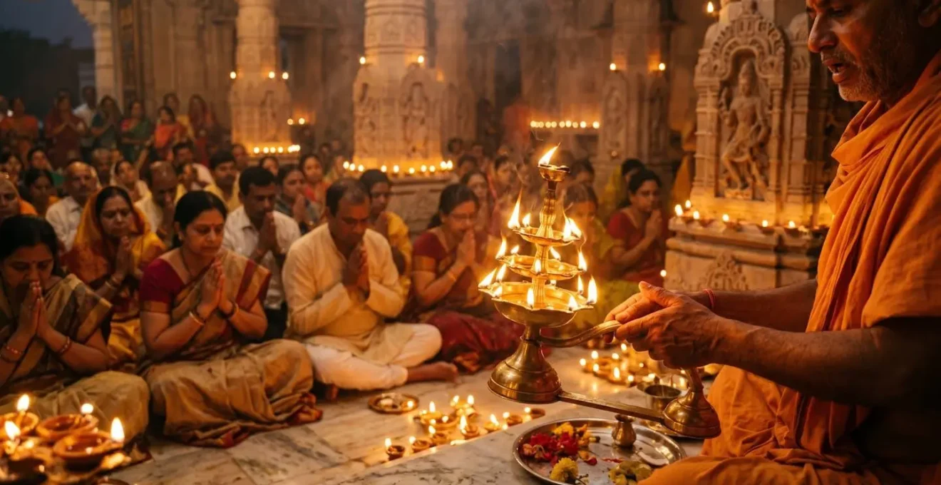 Cérémonie de puja dans un temple avec fidèles, lampes à huile et prêtre en action