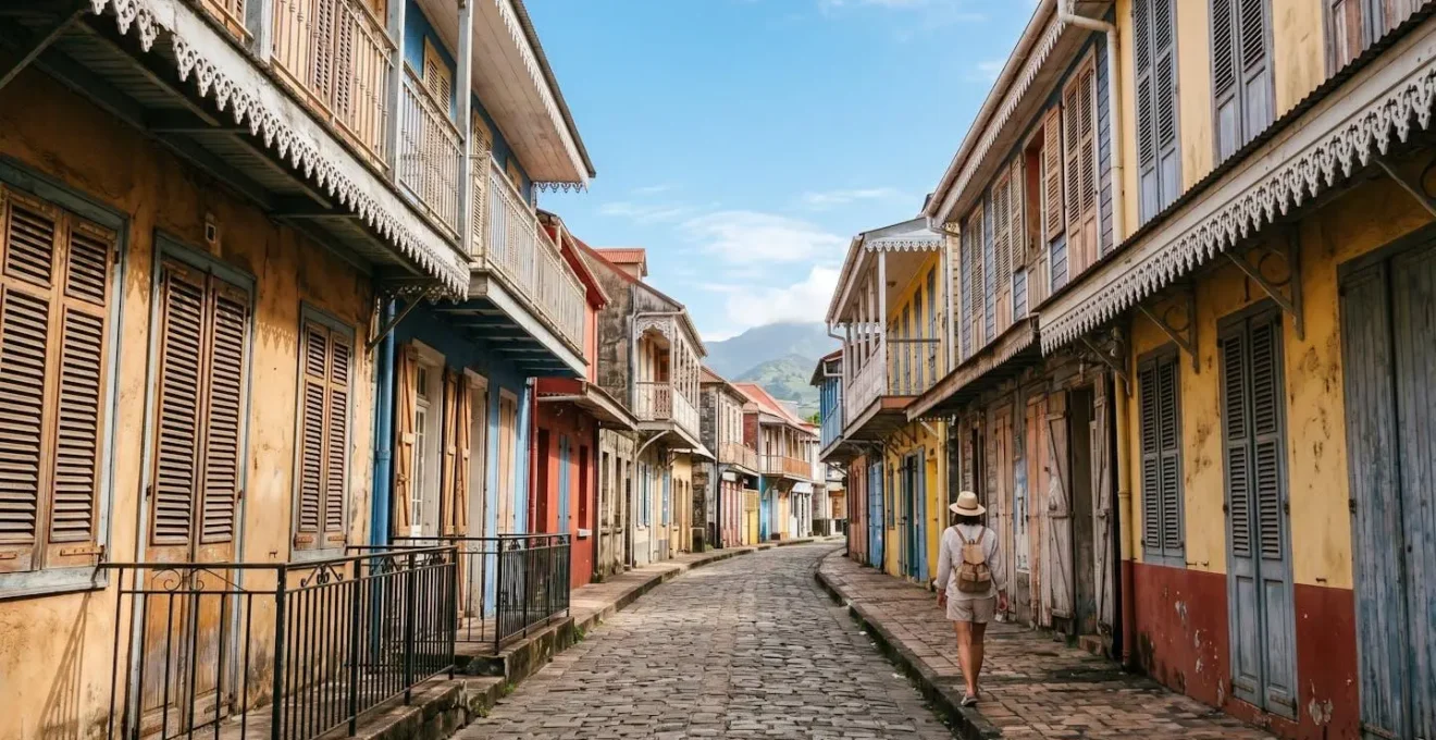 Promeneur contemplant les façades créoles colorées du centre historique de Saint-Pierre