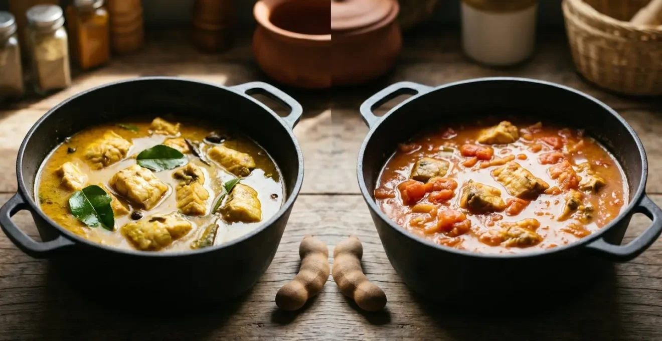 Deux marmites côte à côte montrant la différence entre cari poisson avec et sans tomate