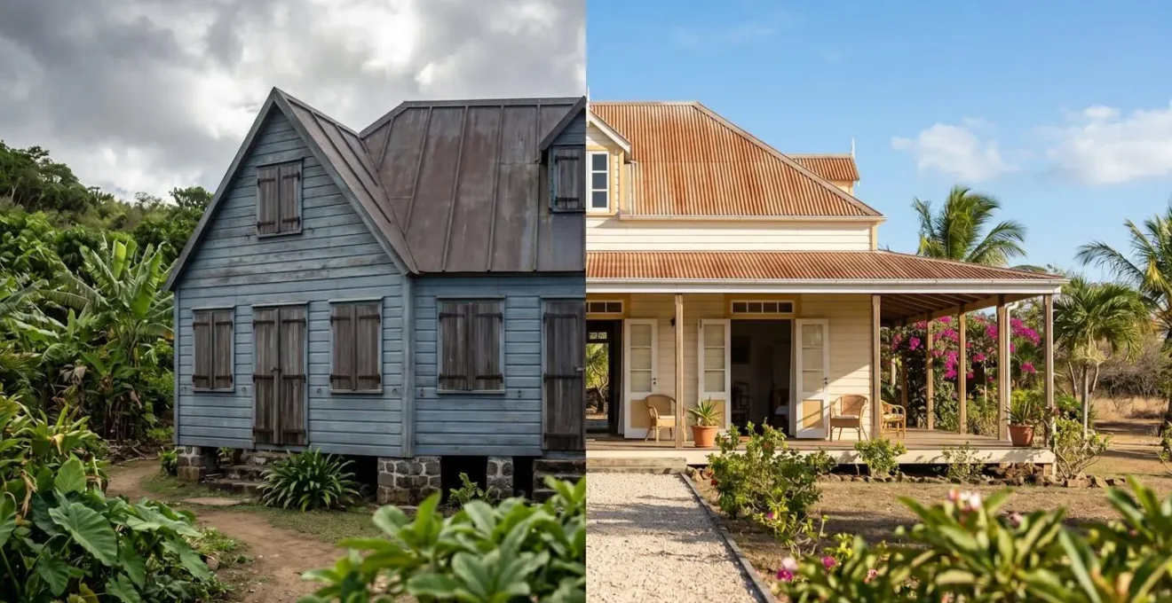 Vue comparative de deux cases créoles montrant les différences architecturales entre côte Est et Ouest