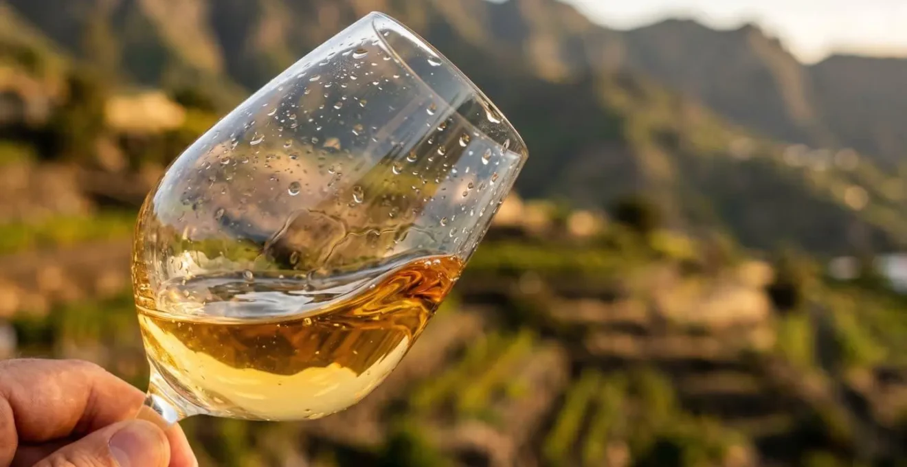 Verre de vin de Cilaos tenu devant les vignobles en terrasses au coucher du soleil