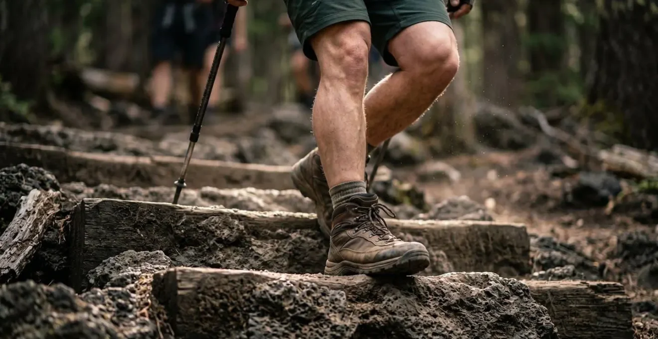 Technique de descente avec bâtons de randonnée sur les marches volcaniques raides du sentier du Bloc