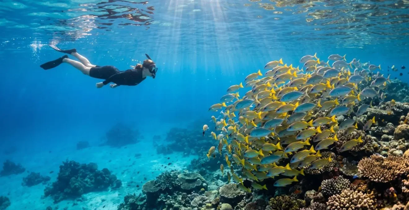 Vue sous-marine montrant un plongeur observant à distance respectueuse un banc de poissons tropicaux