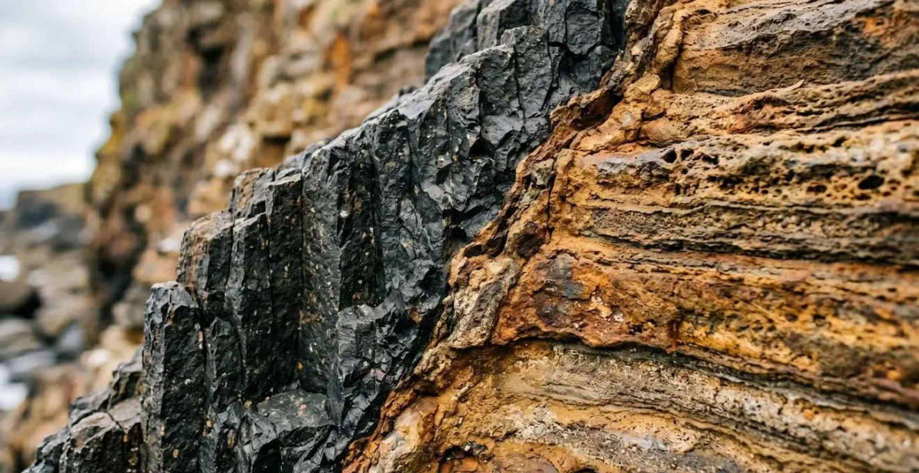 Mur de basalte sombre vertical coupant les strates horizontales dans un rempart de Cilaos, illustrant un dyke.