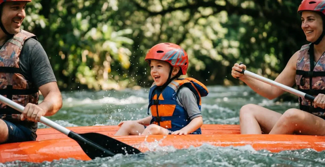 Enfant de 7 ans positionné au centre du raft avec gilet de sauvetage, entouré d'adultes