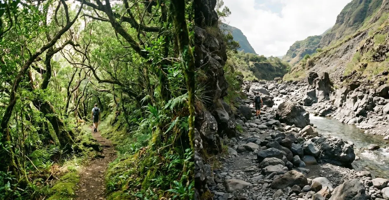 Vue aérienne du sentier du Col des Bœufs traversant la plaine des Tamarins vers le cirque de Mafate