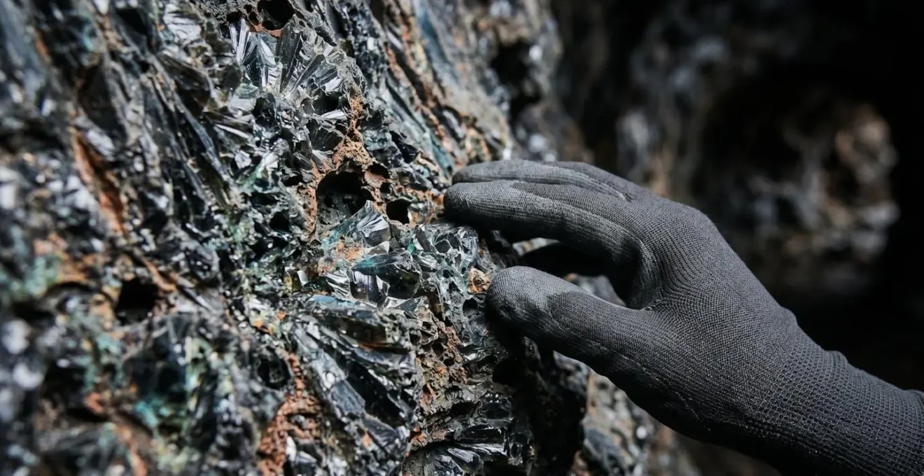Gros plan sur la texture abrasive du basalte volcanique avec une main gantée qui effleure la roche