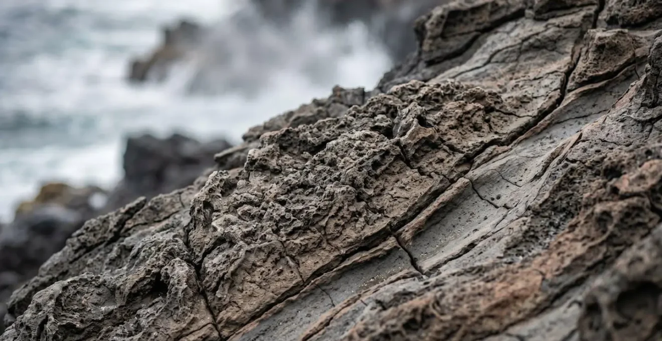 Gros plan sur la texture friable des falaises de lave érodées avec détails des fractures