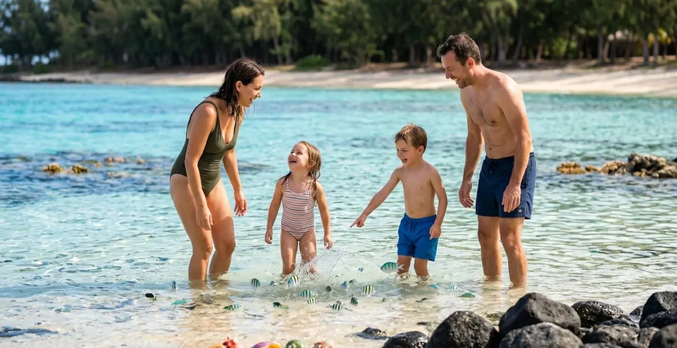 Famille avec enfants se baignant dans le lagon peu profond de l'Ermitage sous l'ombre des filaos