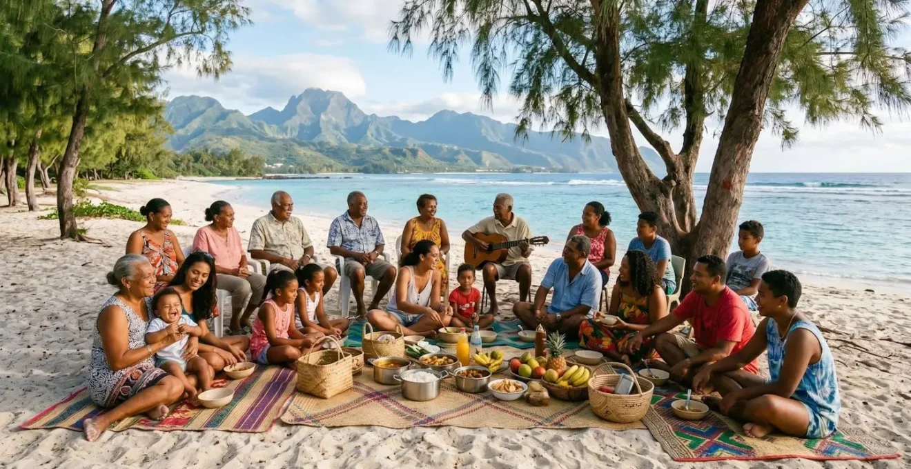 Famille réunionnaise profitant d'un pique-nique dominical sur une plage avec cocotiers et montagnes volcaniques en arrière-plan
