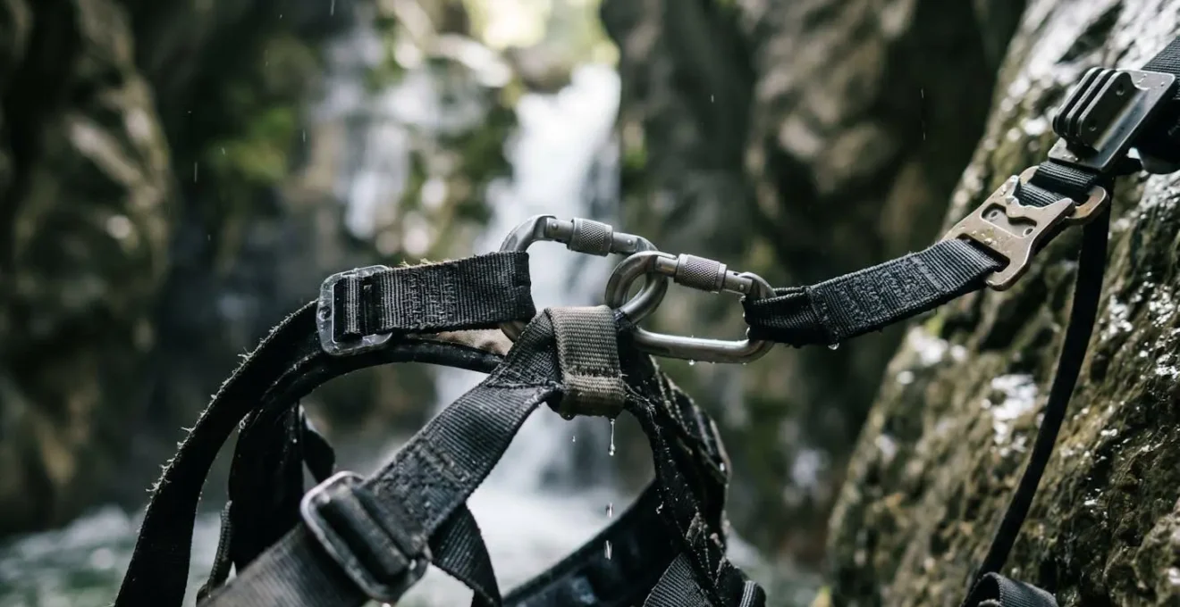 Vue rapprochée d'un harnais de canyoning avec système de fixation de caméra et dragonne de sécurité, environnement de cascade en arrière-plan flou