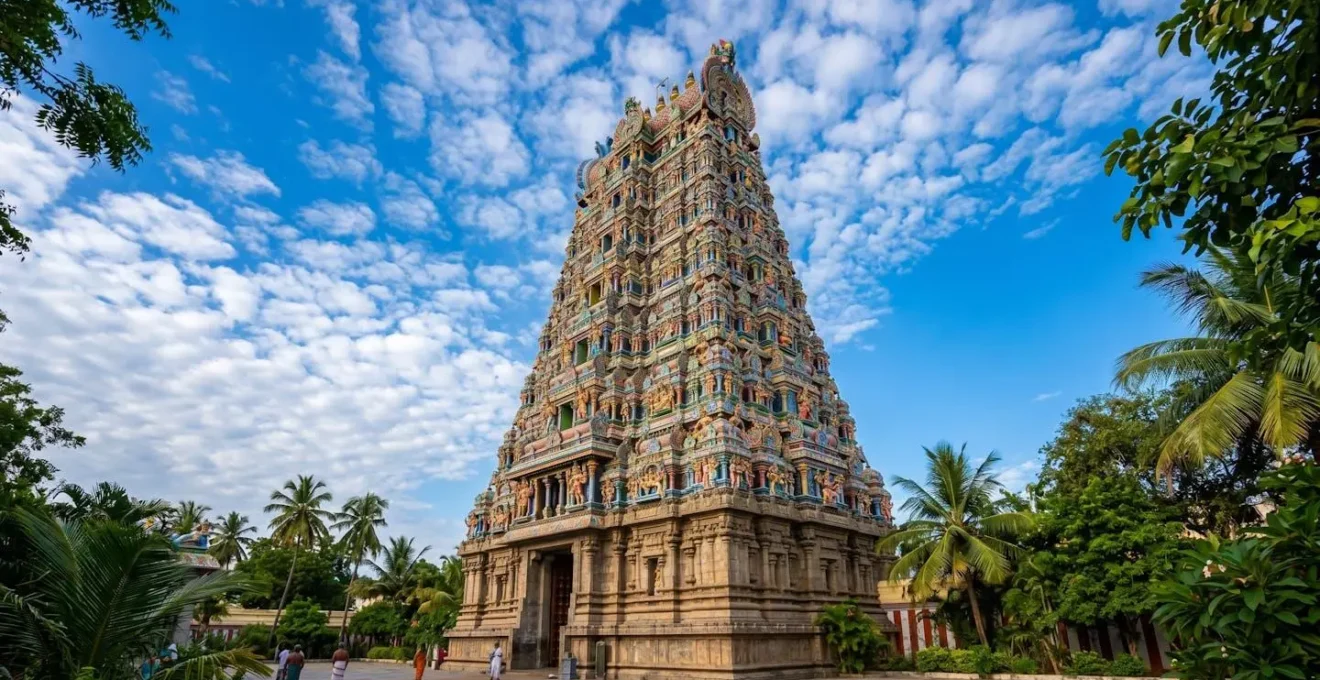Architecture colorée d'un gopuram de temple hindou à La Réunion