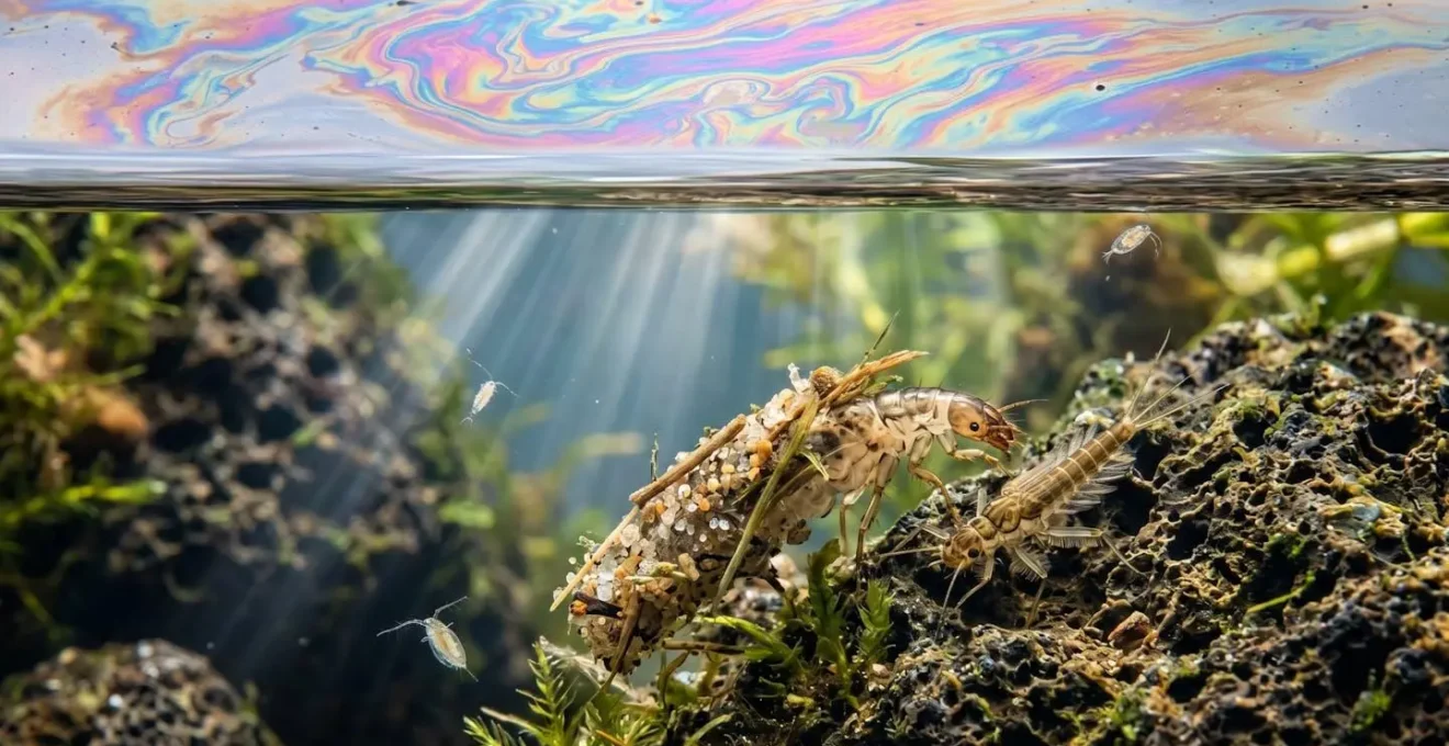Vue macro sous-marine montrant des larves d'insectes aquatiques dans une eau cristalline avec film irisé de pollution en surface