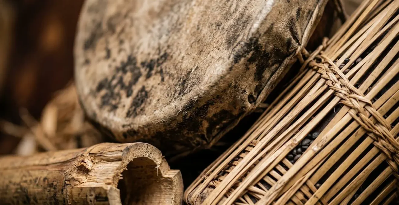Gros plan macro sur les textures des instruments traditionnels du maloya