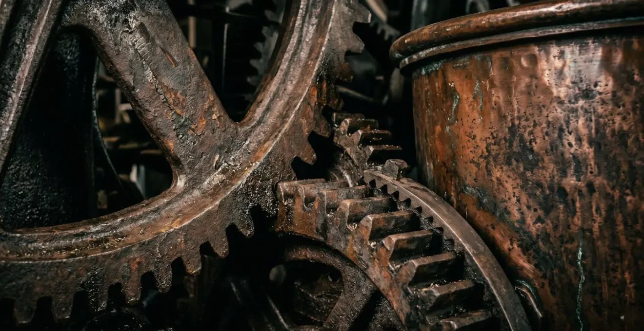 Impressionnantes machines industrielles en cuivre dans l'ancienne usine sucrière avec éclairage dramatique