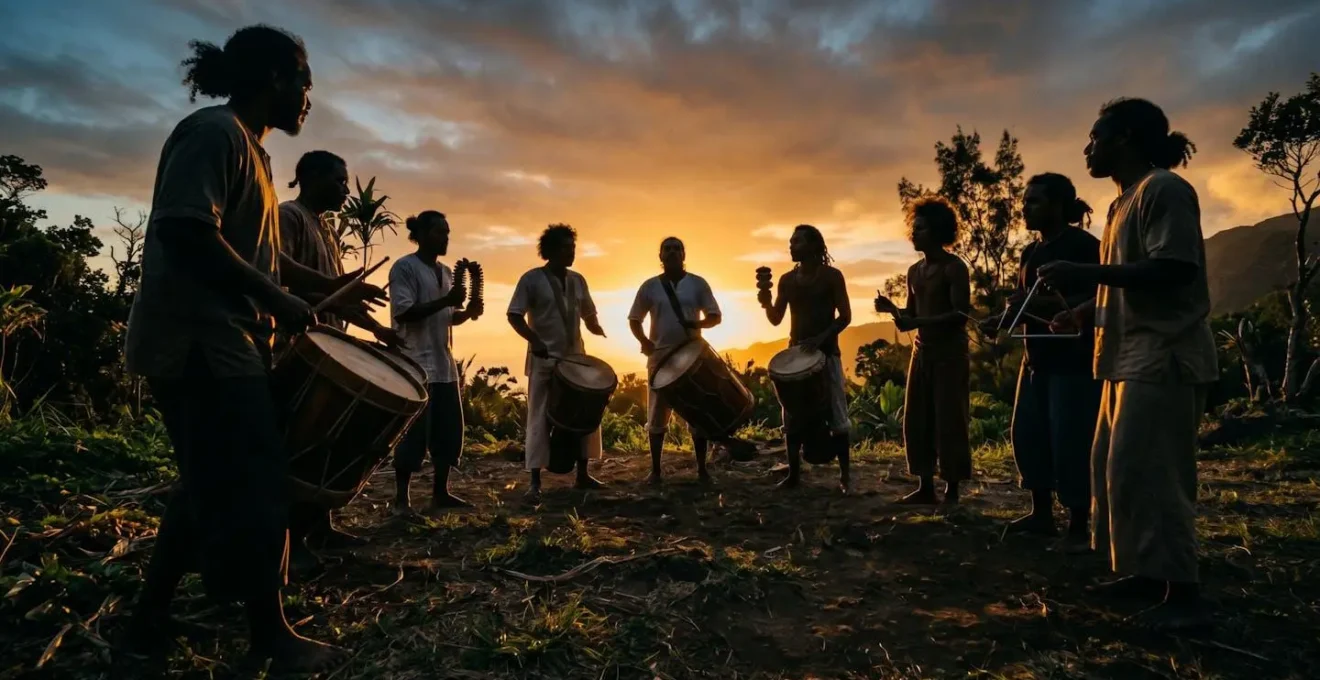 Musiciens créoles jouant du maloya lors d'un kabar festif au coucher du soleil