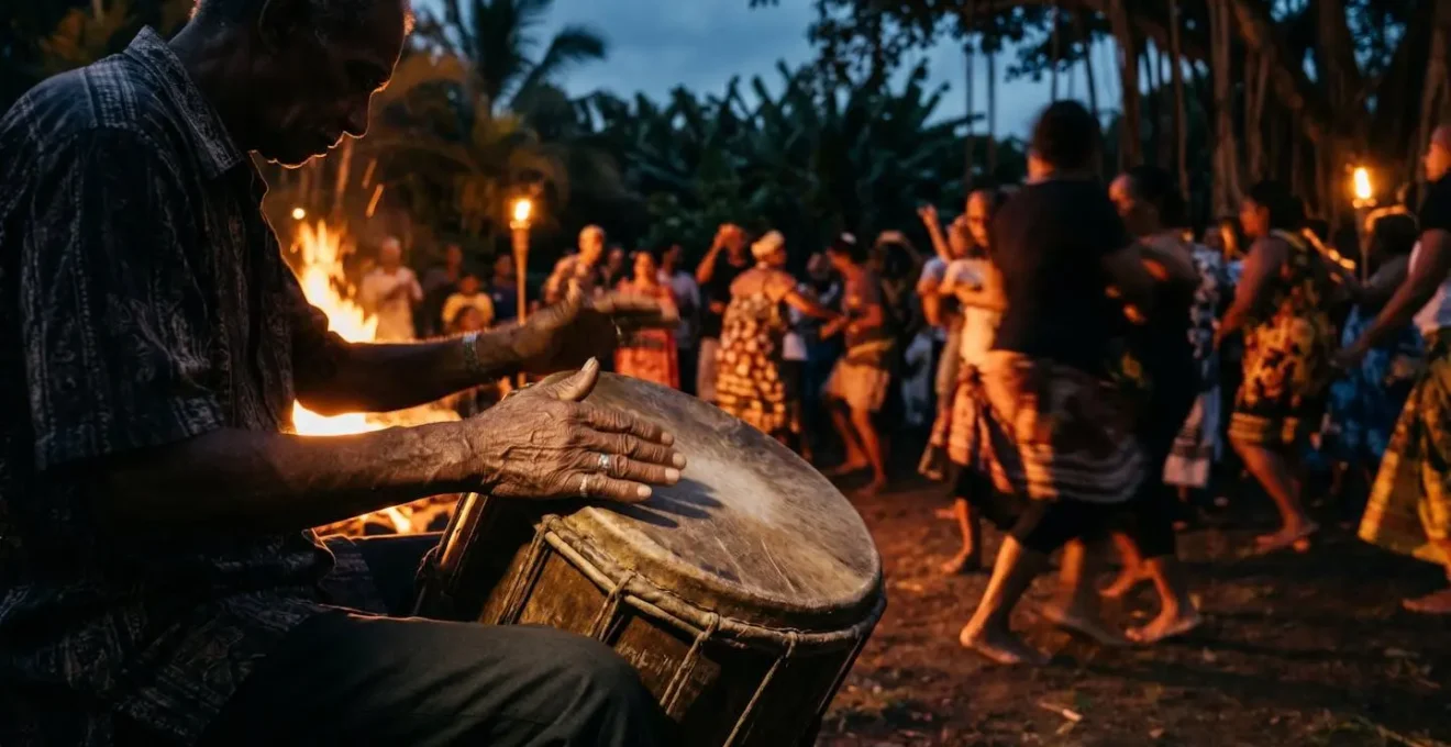 Rassemblement kabar traditionnel avec musiciens et participants dansant au son du maloya