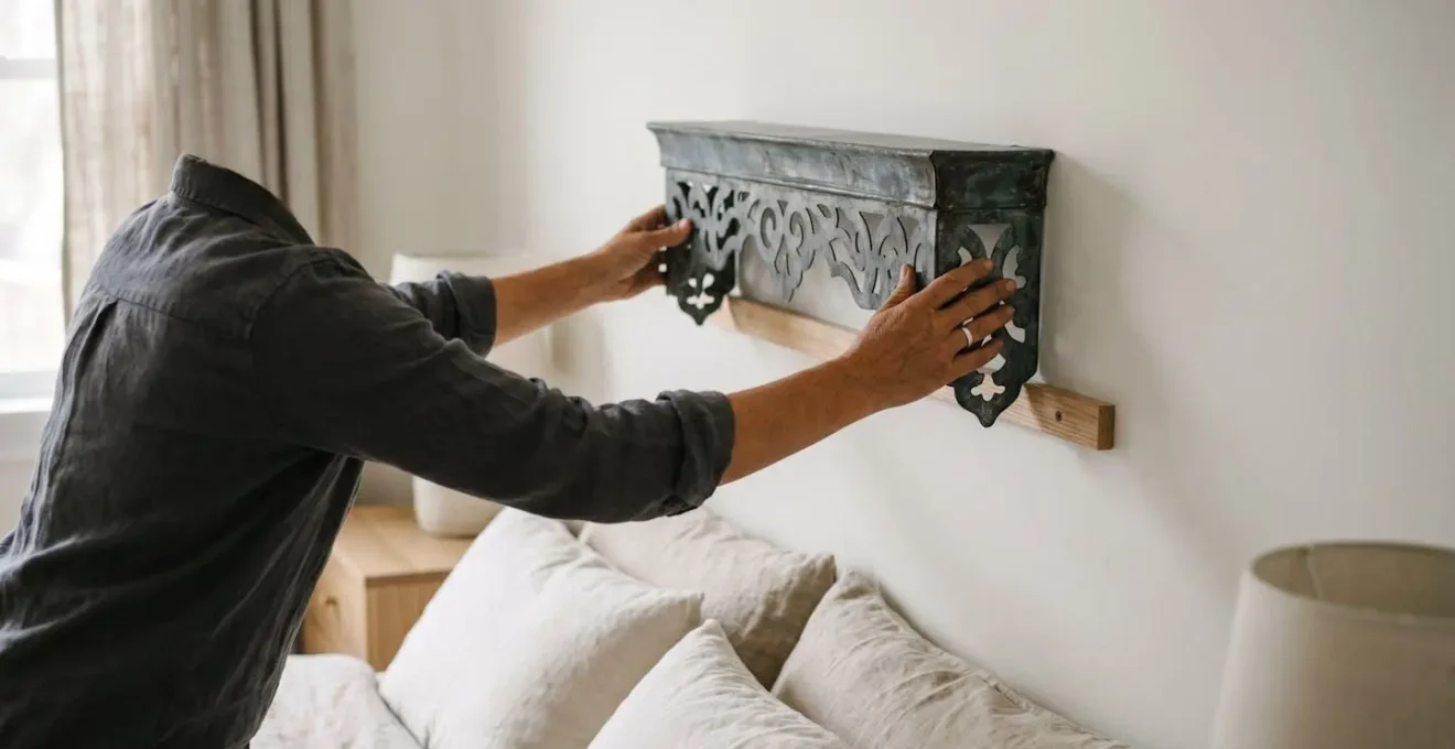 Ancien lambrequin en zinc transformé en tête de lit décorative dans un intérieur contemporain