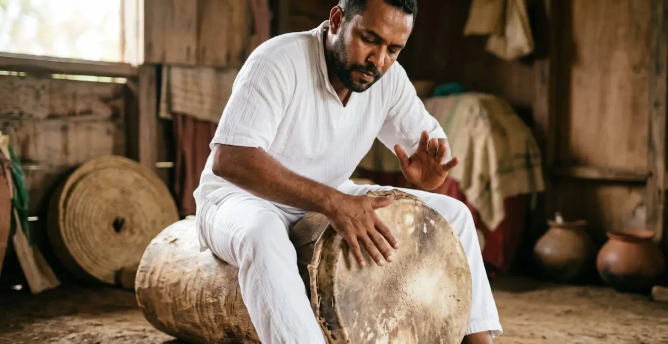 Musicien assis à cheval sur un roulèr, les mains positionnées sur la peau tendue