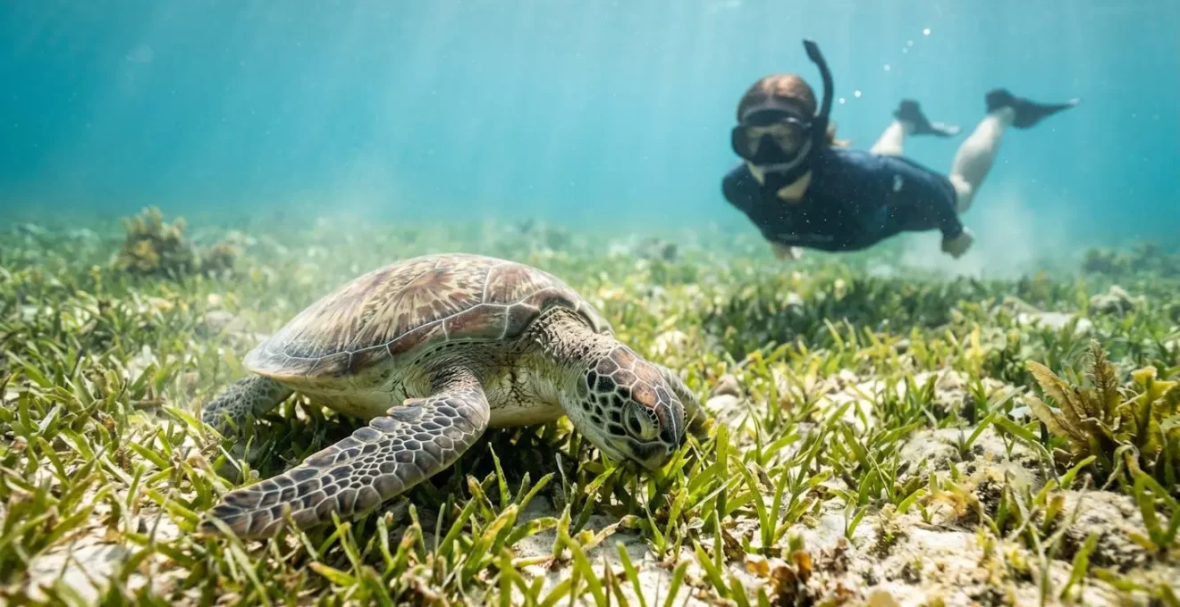 Tortue marine paisible broutant dans un herbier sous-marin du lagon