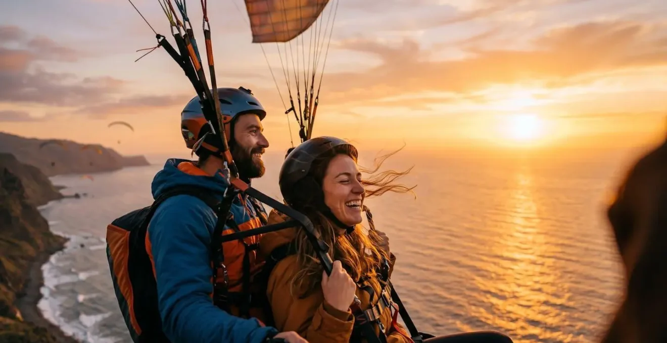 Vol en parapente pendant l'heure dorée au-dessus du lagon de Saint-Leu
