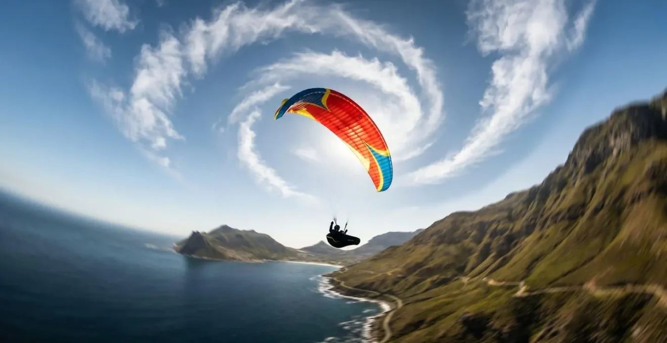 Parapentiste en spirale ascendante dans un thermique au-dessus de Saint-Leu