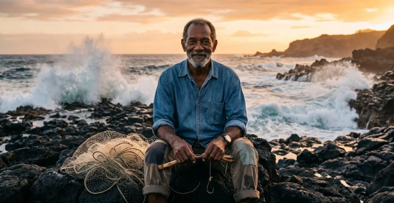 Un pêcheur réunionnais sourit malgré son filet de pêche vide, incarnant la philosophie du 'gagne pas'