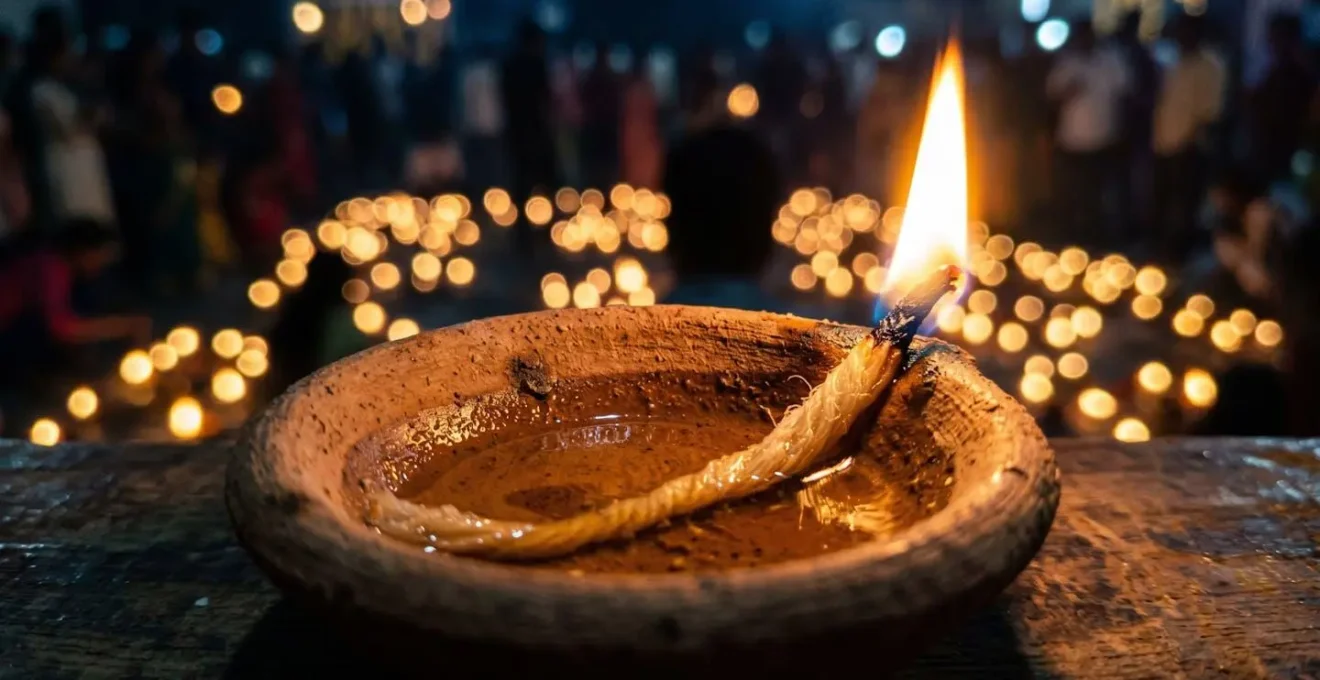 Gros plan sur des lampes diya allumées avec effet bokeh en arrière-plan