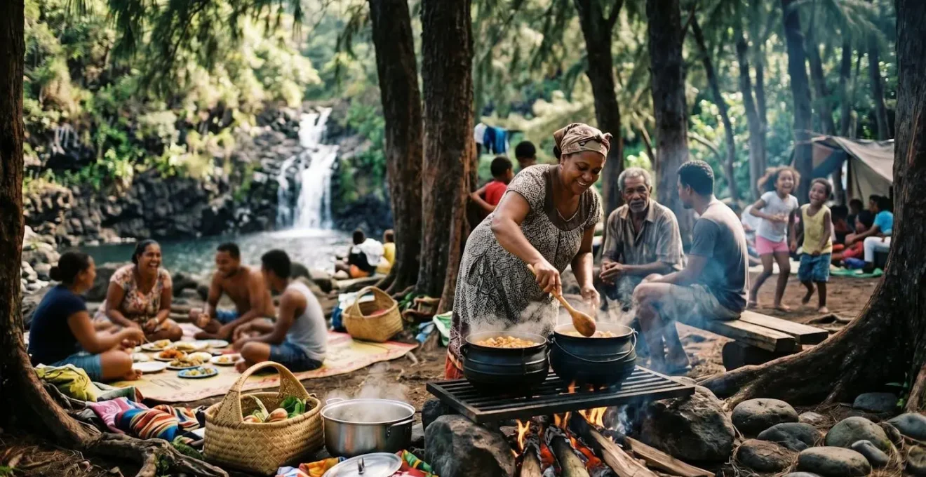 Familles créoles réunies pour un pique-nique sous les filaos avec marmites fumantes et vue sur les cascades